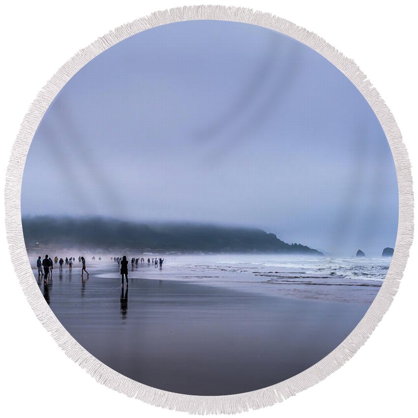Walking Cannon Beach Round Beach Towel featuring the photograph Beach Mist by David Patterson