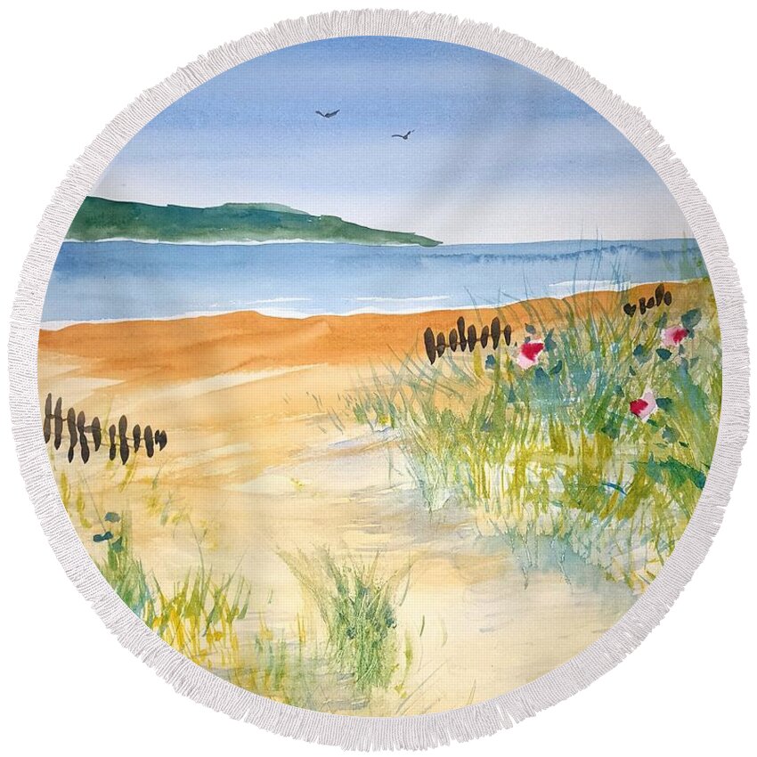 Watercolor Round Beach Towel featuring the painting Beach Walk by John Klobucher