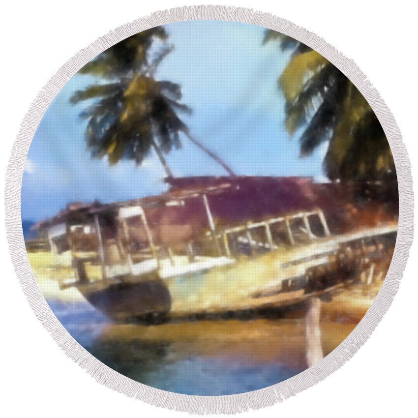 Beached Boat Round Beach Towel featuring the photograph Beached Ship Wreck by Cathy Anderson