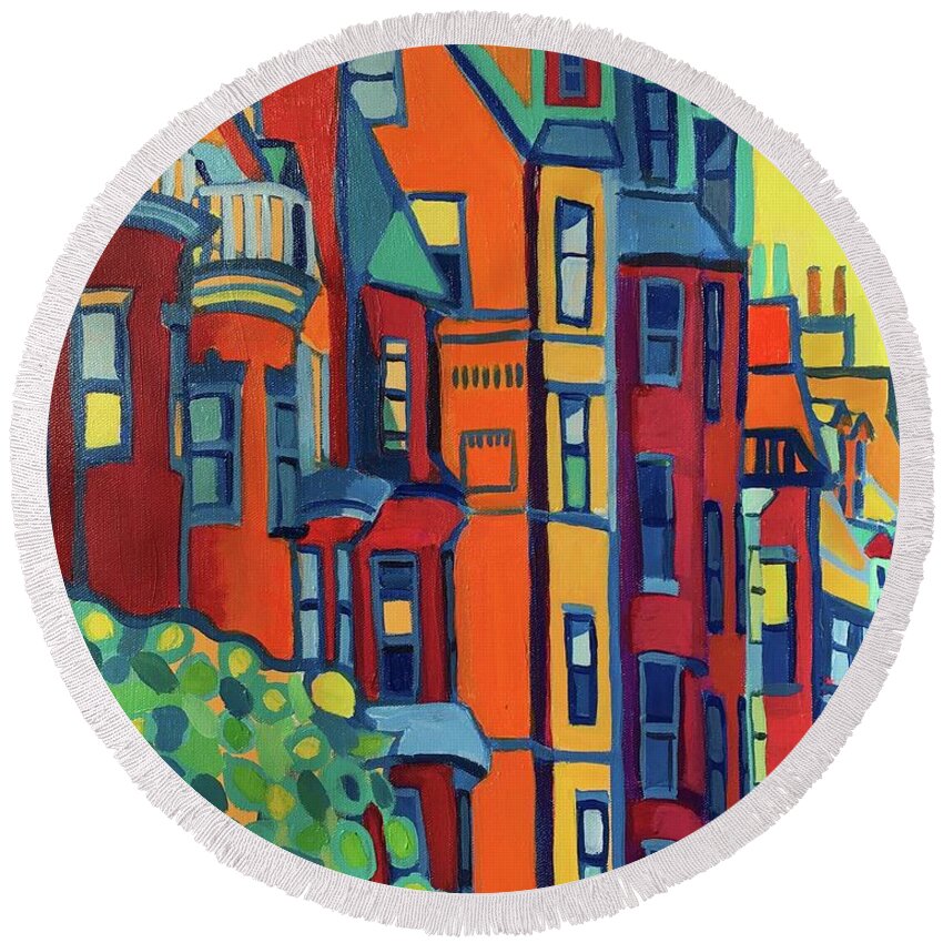 Architecture Round Beach Towel featuring the painting Beacon Street Back Bay Boston by Debra Bretton Robinson