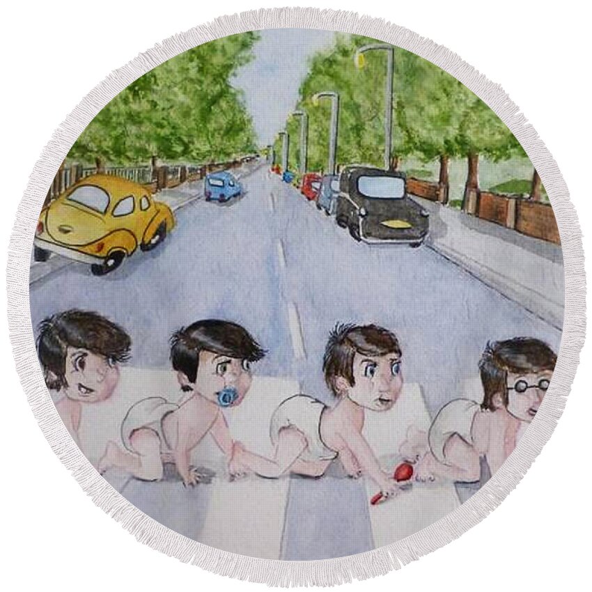 Beatles Round Beach Towel featuring the painting Beatles Abbey Road .... Babies by Kelly Mills