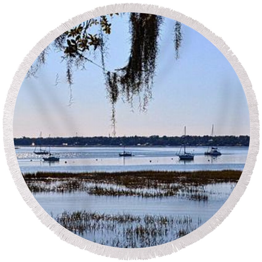 Beaufort South Carolina Waterfront Panorama Round Beach Towel featuring the photograph Beaufort South Carolina Waterfront Panorama by Lisa Wooten
