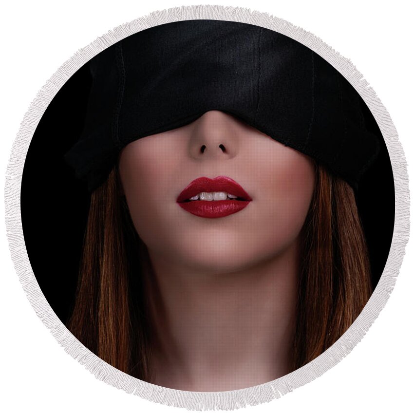 Woman Round Beach Towel featuring the photograph Beautiful blindfolded woman with red lipstick by Mendelex Photography