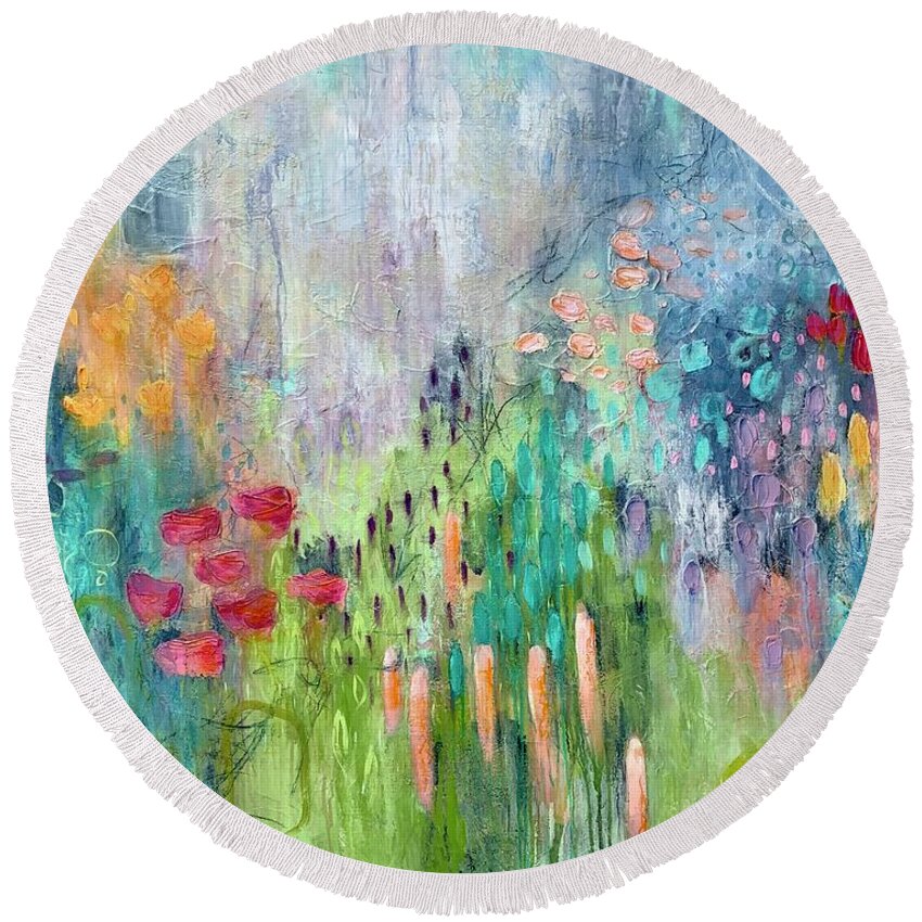 Beautiful Round Beach Towel featuring the painting Beautiful Blooms by Cheryl Rhodes