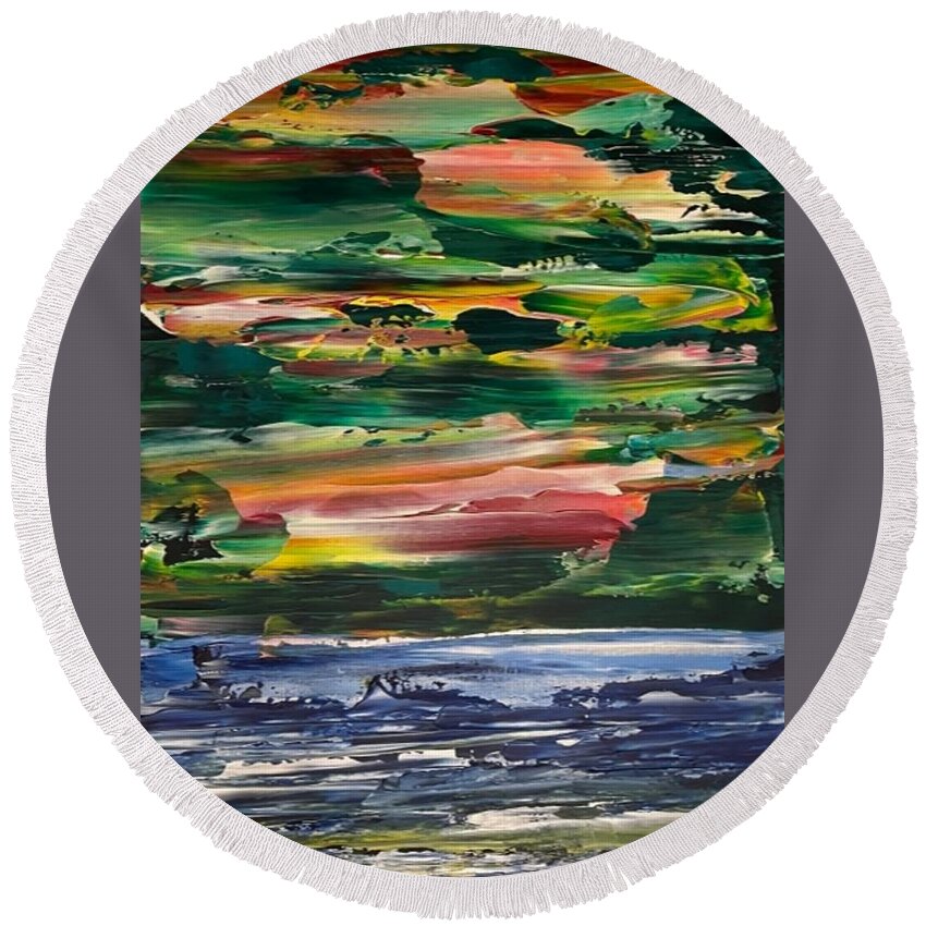 Abstract Round Beach Towel featuring the painting Beautiful Day Coming by Ron Durnavich