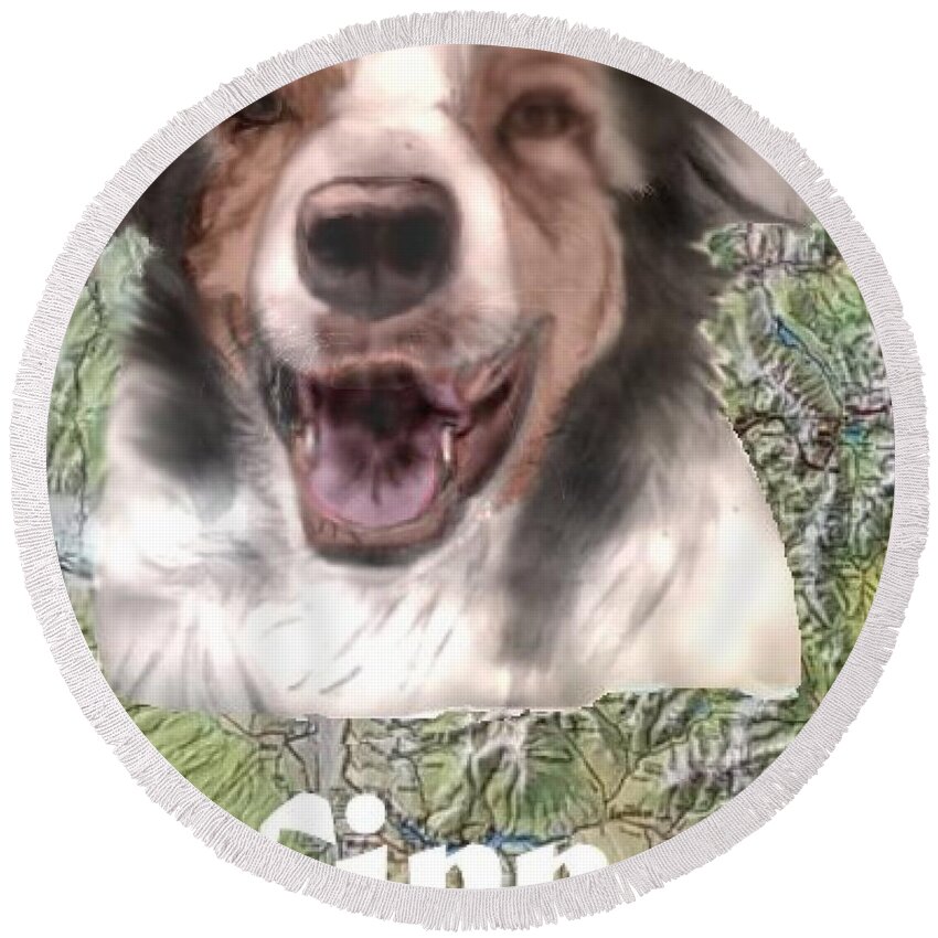Pencil Sketch Enhanced With Computer And Background Australian Shepard Round Beach Towel featuring the mixed media Beautiful Finn by Pamela Calhoun