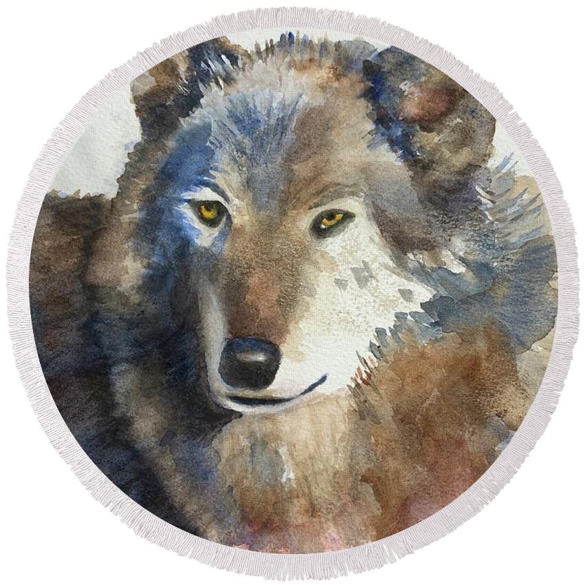 Wolf Round Beach Towel featuring the painting Beautiful Gray Wolf by Sue Carmony