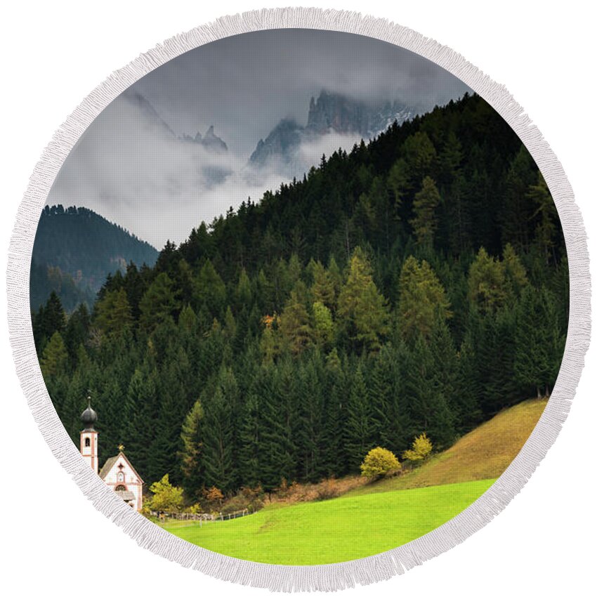 Dolomite Mountains Round Beach Towel featuring the photograph Beautiful small Alpine church in Italy. by Michalakis Ppalis