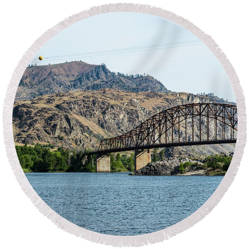 Beebe Bridges Over The Columbia Round Beach Towel featuring the photograph Beebe Bridges over the Columbia by Tom Cochran