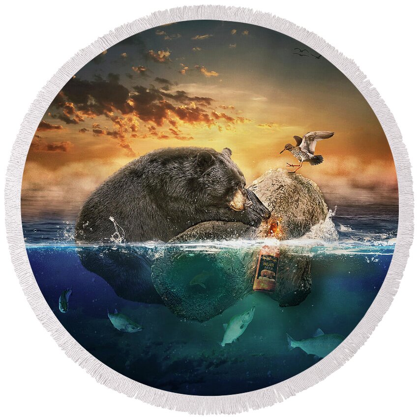 Black Bear Round Beach Towel featuring the digital art Beer Bear by Maggy Pease