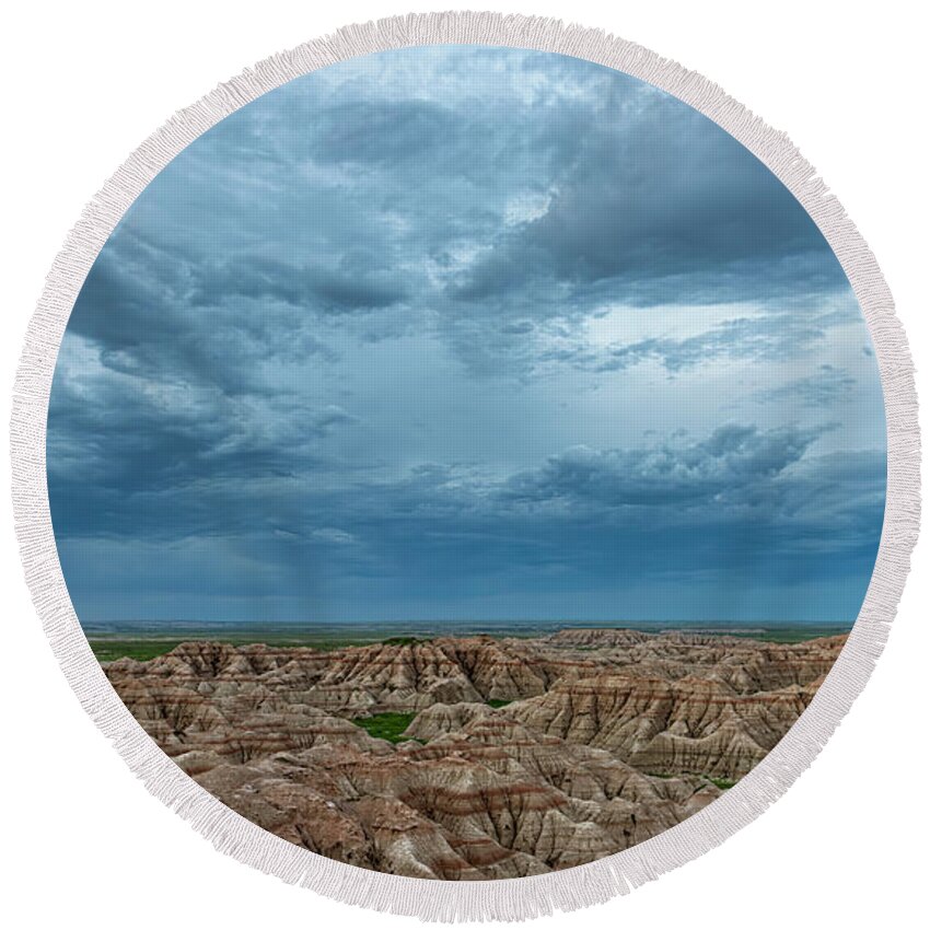 Badlands Round Beach Towel featuring the photograph Before Sunrise Badlands National Park South Dakota by Joan Carroll