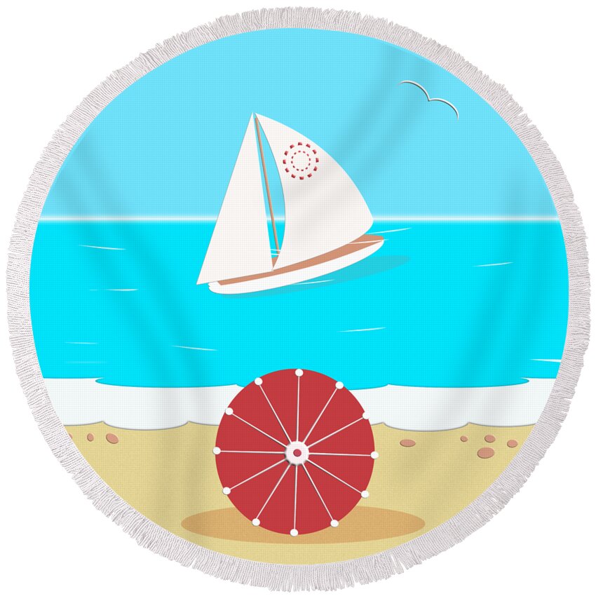 Love Round Beach Towel featuring the digital art Romance on the Beach Behind the Red Umbrella by Barefoot Bodeez Art