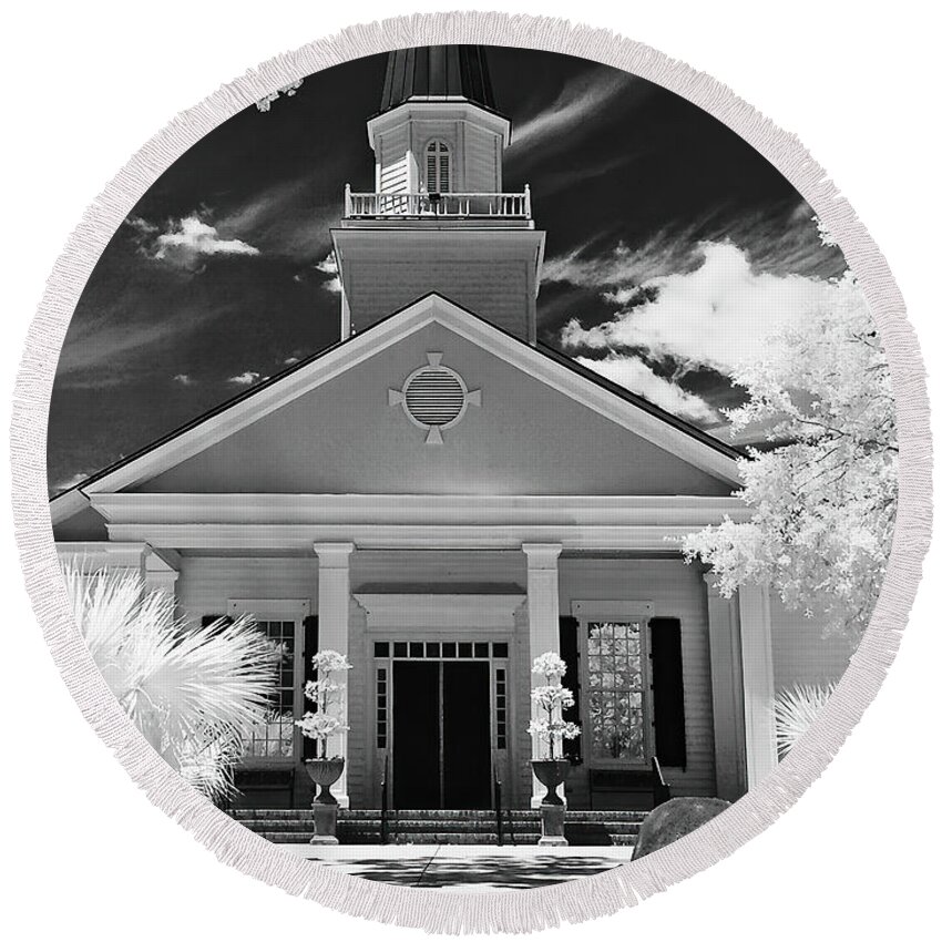 Belin Round Beach Towel featuring the photograph Belin Memorial UMC Infrared by Bill Barber
