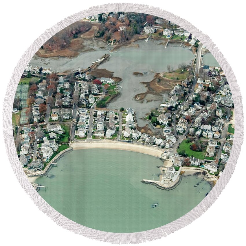 Bell Island Round Beach Towel featuring the photograph Bell Island in Norwalk, Connecticut Real Estate Aerial by David Oppenheimer