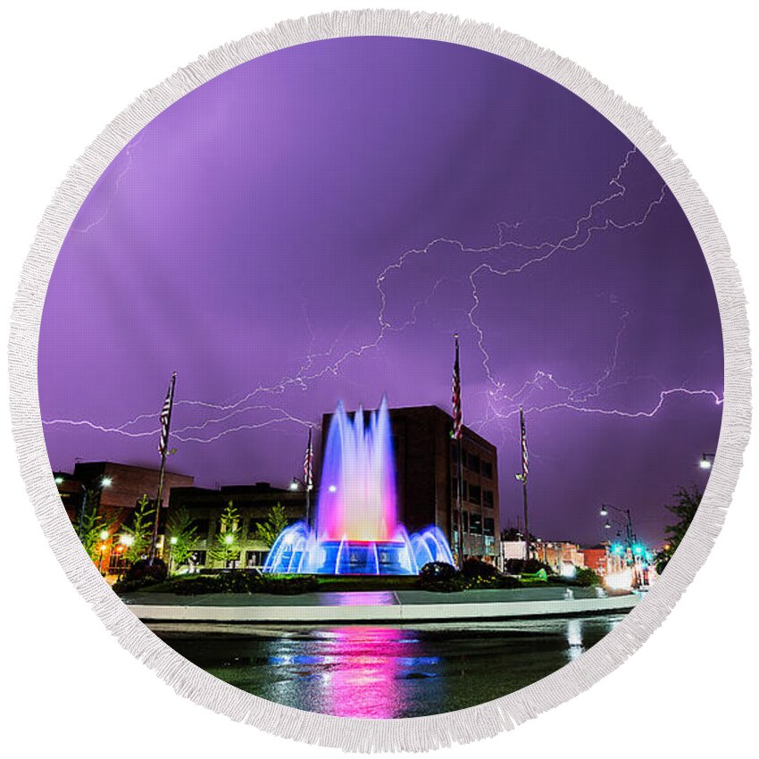 Belleville Round Beach Towel featuring the photograph Belleville Fountain Lightning by Marcus Hustedde