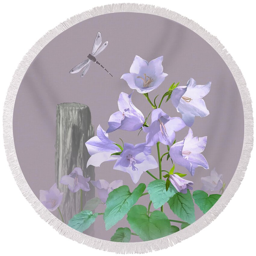Flowers Round Beach Towel featuring the digital art Bellflowers by Fence Post by M Spadecaller