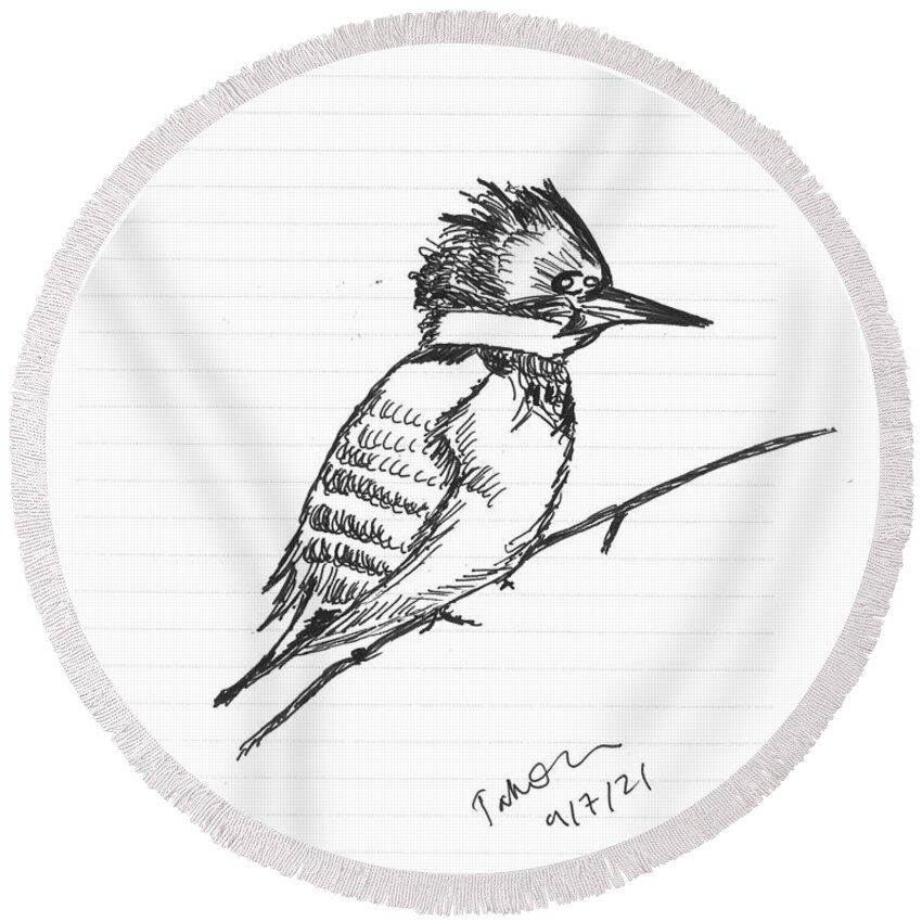 Bird Round Beach Towel featuring the drawing Belted Kingfisher by Tahmina Watson