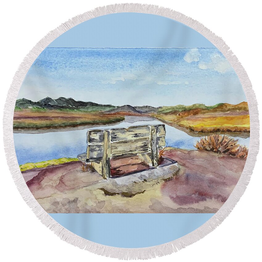 Bench Round Beach Towel featuring the painting Bench with a view by Tracy Hutchinson