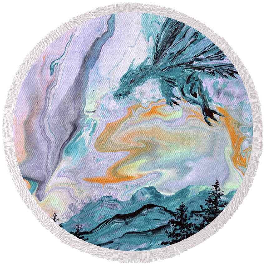 Dragon Round Beach Towel featuring the painting Benevolent Dragon in Lavender by Laura Iverson