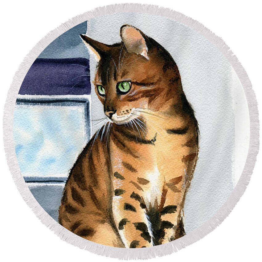 Bengal Round Beach Towel featuring the painting Bengal Cat Painting by Dora Hathazi Mendes