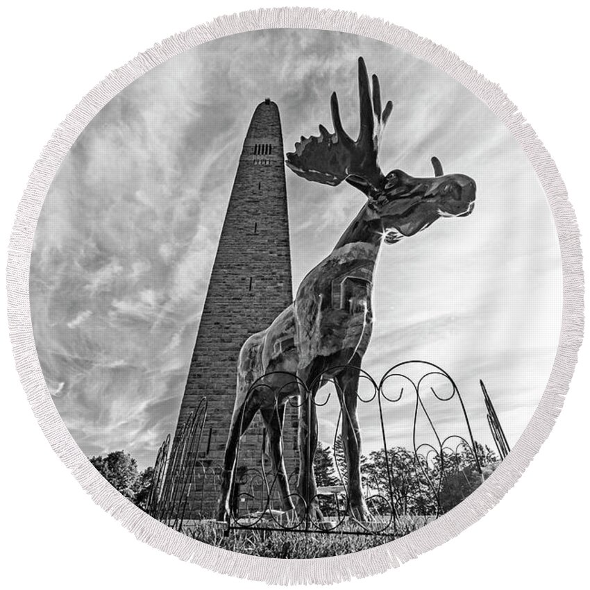 Bennington Round Beach Towel featuring the photograph Bennington VT Moose and Battle Monument Fall Foliage Black and White by Toby McGuire