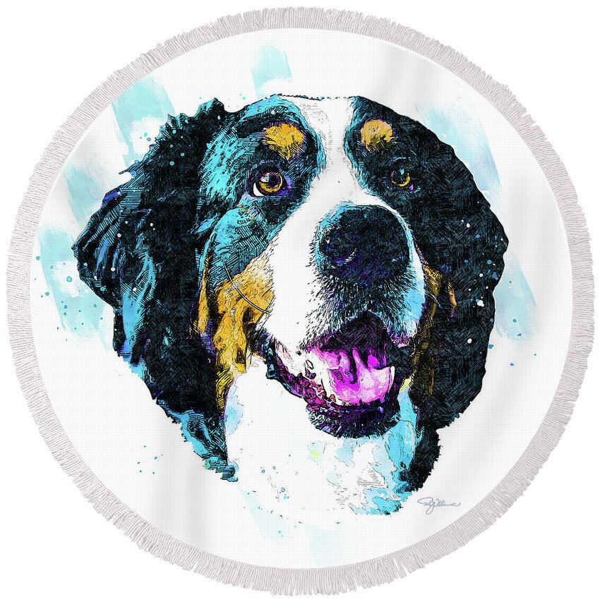 Bernese Mountain Dog Round Beach Towel featuring the mixed media Bernese Mountain Dog by Pamela Williams