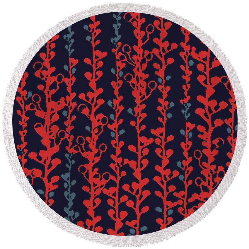 Vines Round Beach Towel featuring the digital art Berry Vines Red and Navy by Sand And Chi