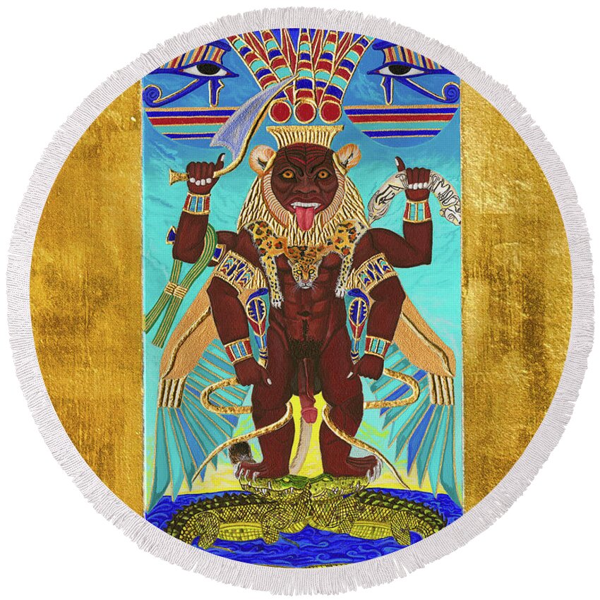Bes Round Beach Towel featuring the mixed media Bes the Magical Protector by Ptahmassu Nofra-Uaa