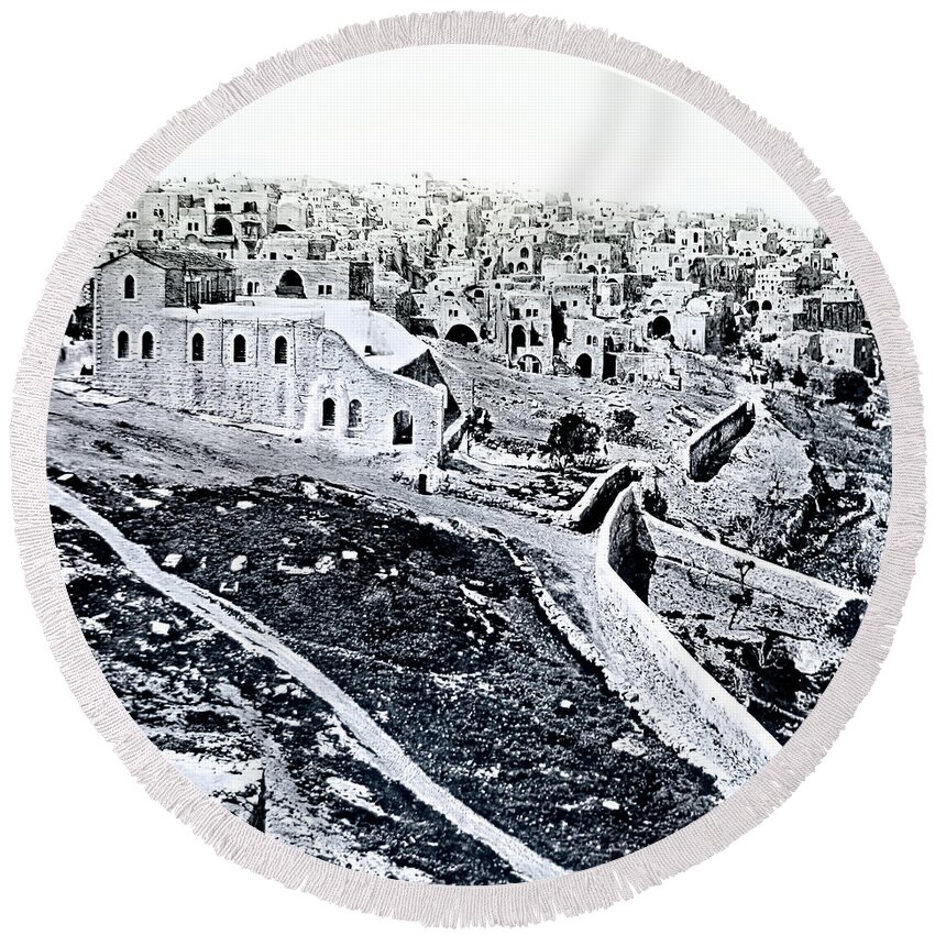 Bethlehem Round Beach Towel featuring the photograph Bethlehem City and Fields in 1900 by Munir Alawi