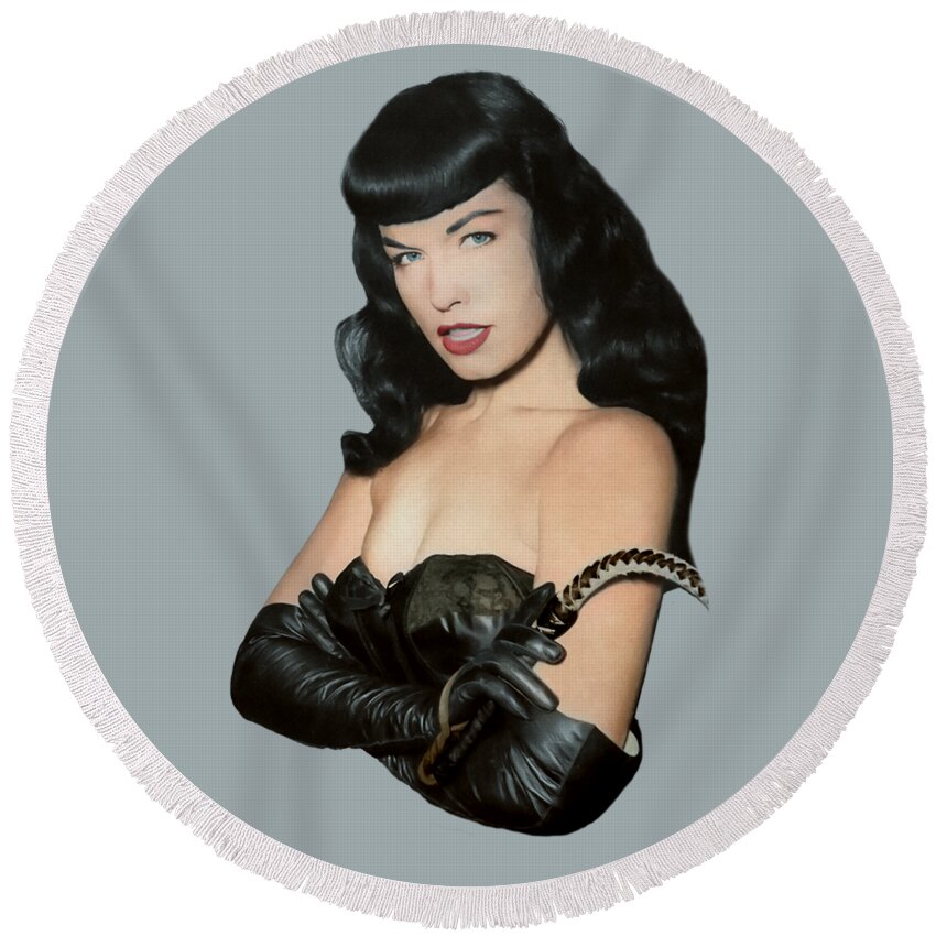 Pinup Round Beach Towel featuring the photograph Bettie Page and her Whip by Franchi Torres