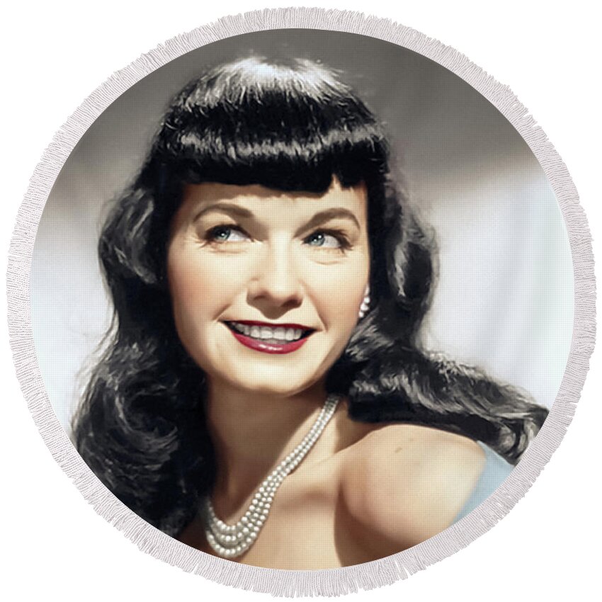 Bettie Page Round Beach Towel featuring the photograph Bettie Page the Queen of Pin ups by Franchi Torres