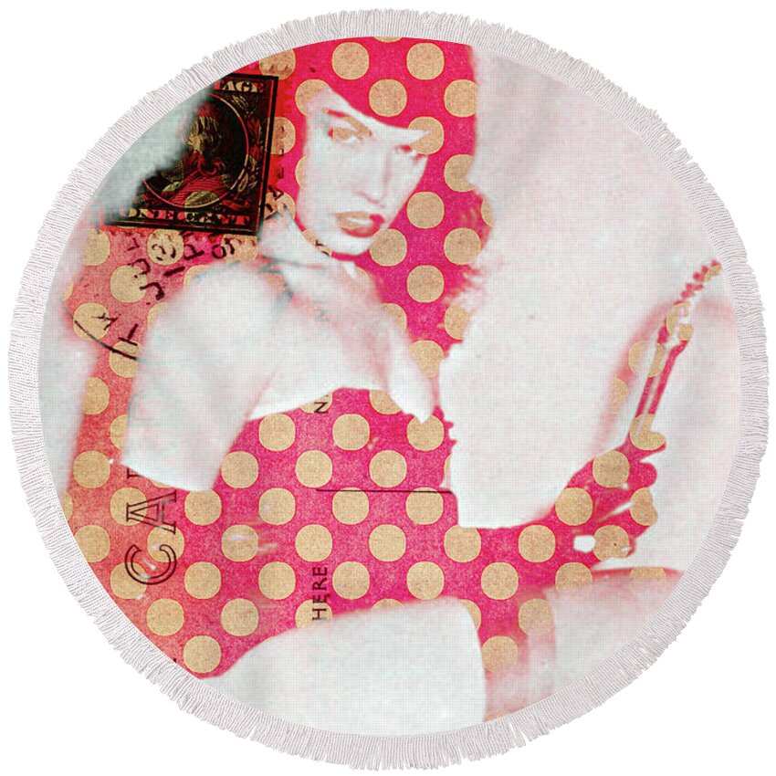 Polka Round Beach Towel featuring the digital art Betty Page Pin Up Polka Dots Pop Art by Edward Fielding