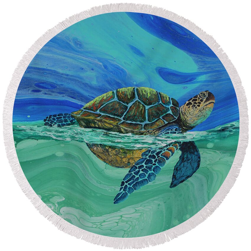Honu Round Beach Towel featuring the painting Between Heaven and the Sea by Darice Machel McGuire