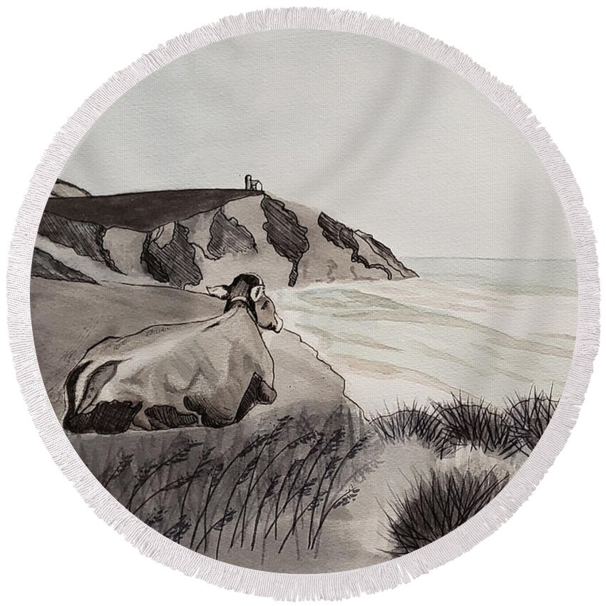 Cow Round Beach Towel featuring the painting Beulah's Day Off by Alexis King-Glandon