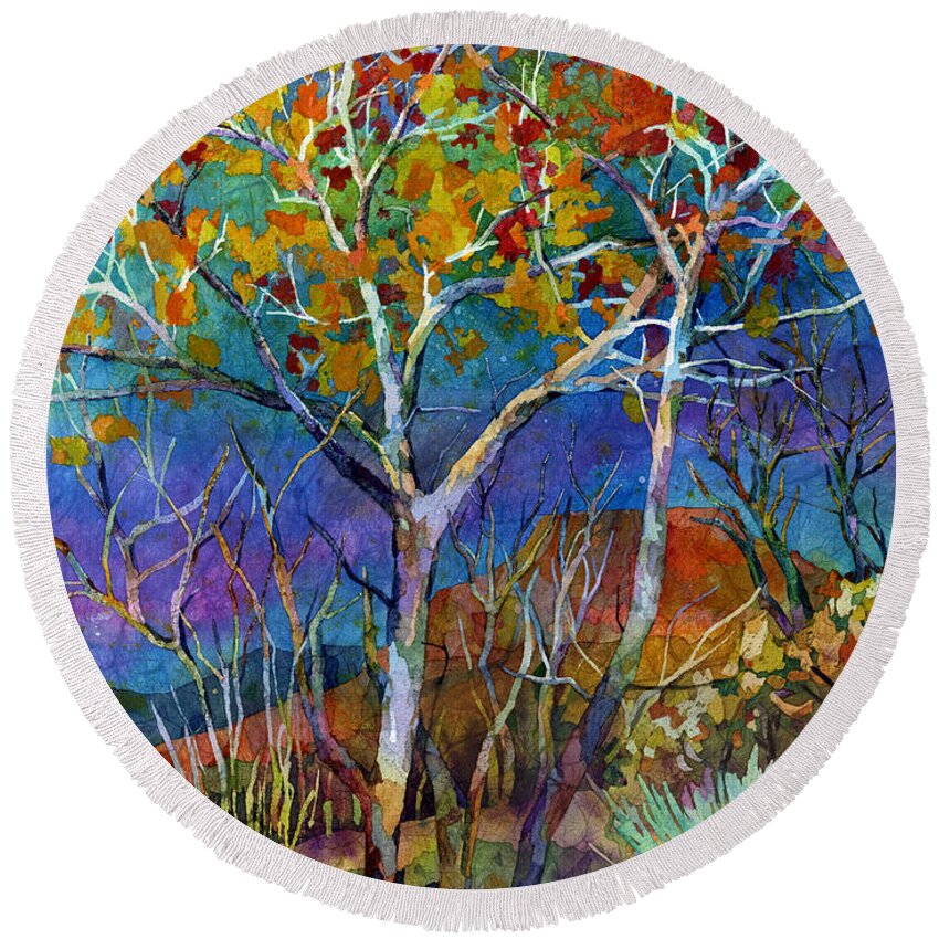 Trees Round Beach Towel featuring the painting Beyond the Woods by Hailey E Herrera