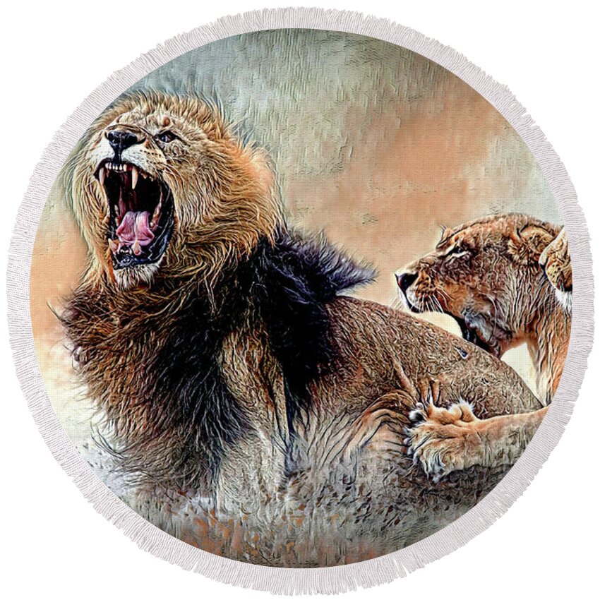 Lions Round Beach Towel featuring the mixed media Bickering Three by DB Hayes