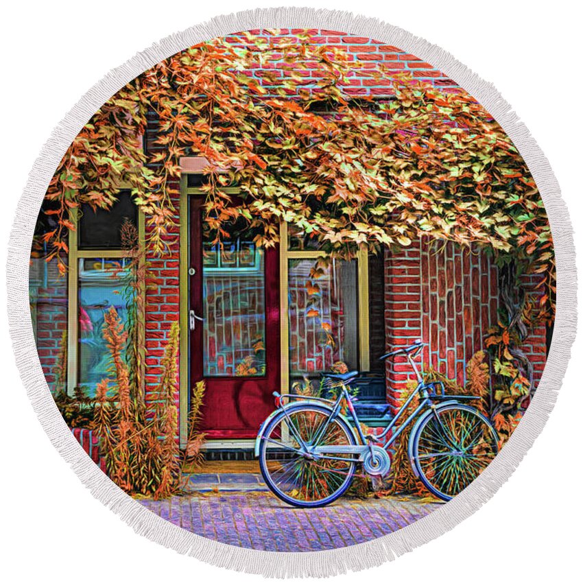 Spring Round Beach Towel featuring the photograph Bicycle Along the Streets of Amsterdam Painting by Debra and Dave Vanderlaan