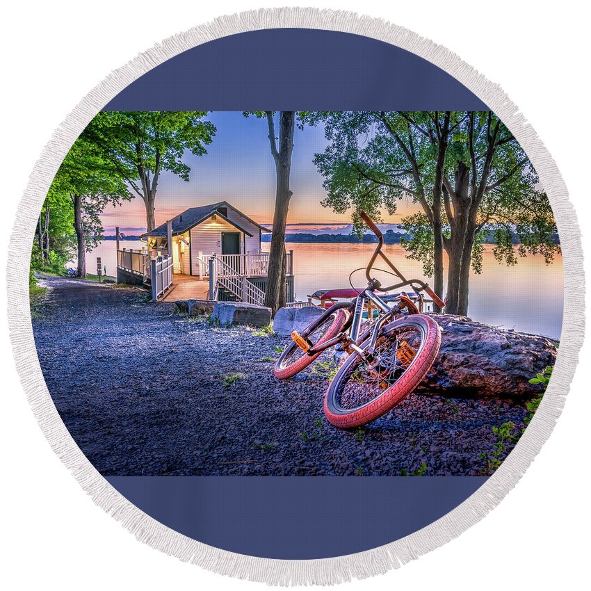 Lake Round Beach Towel featuring the photograph Bicycle at the Boathouse by Dee Potter