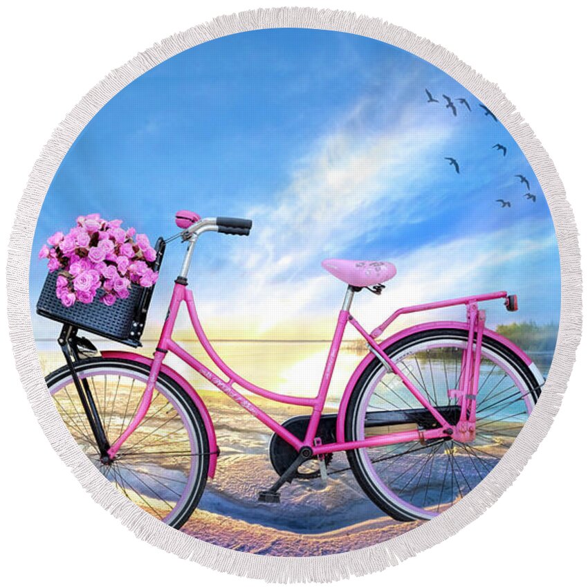 Bike Round Beach Towel featuring the photograph Bicycle at the Lake Beach by Debra and Dave Vanderlaan