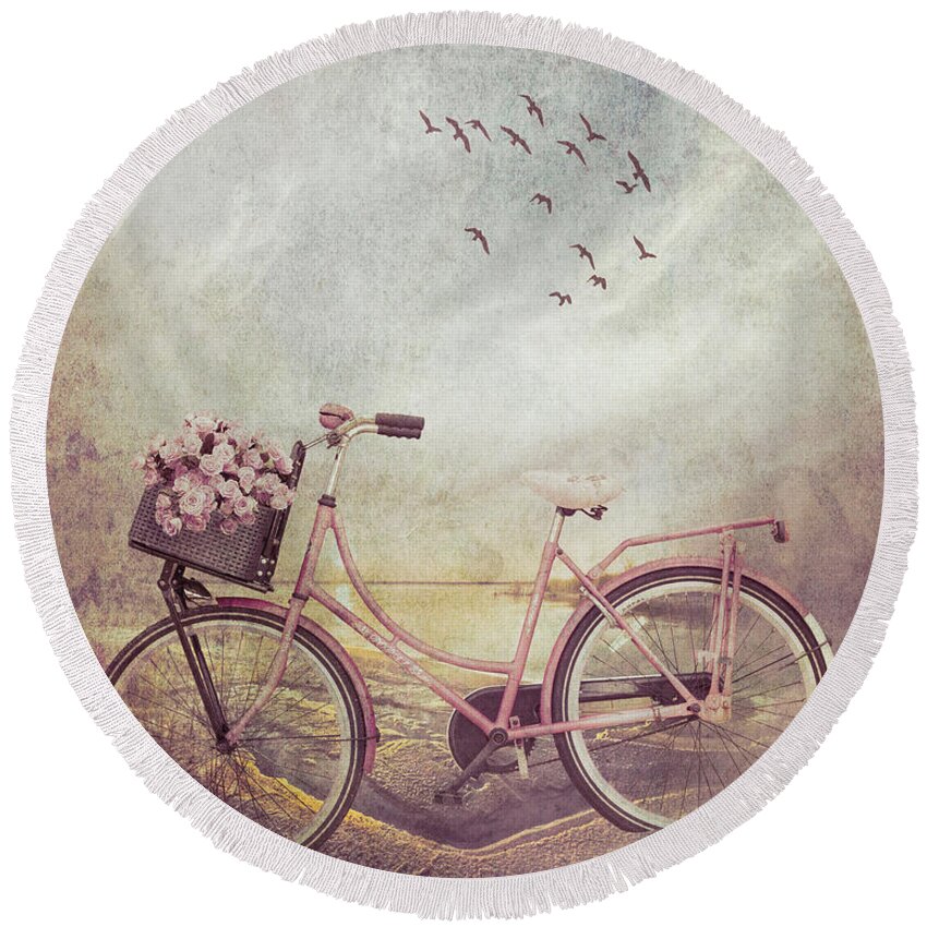 Bike Round Beach Towel featuring the photograph Bicycle at the Lake Beach II Textured by Debra and Dave Vanderlaan