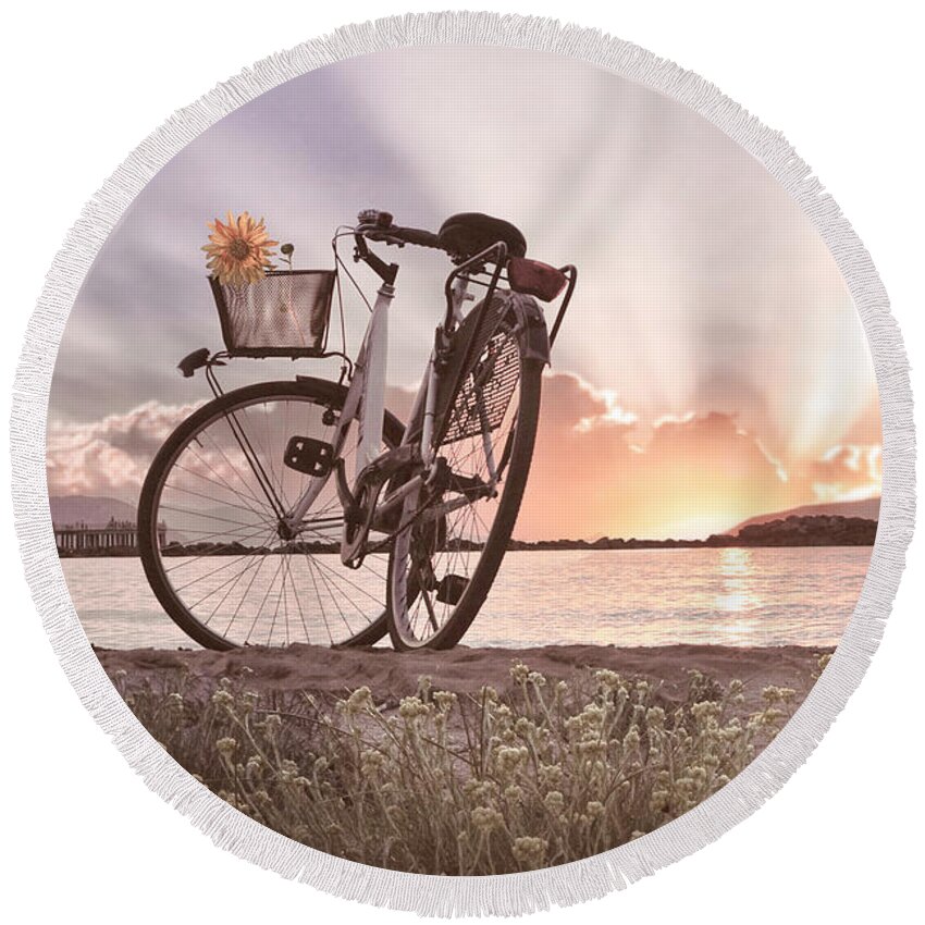 Bike Round Beach Towel featuring the photograph Bicycle at the Shore Cottage by Debra and Dave Vanderlaan
