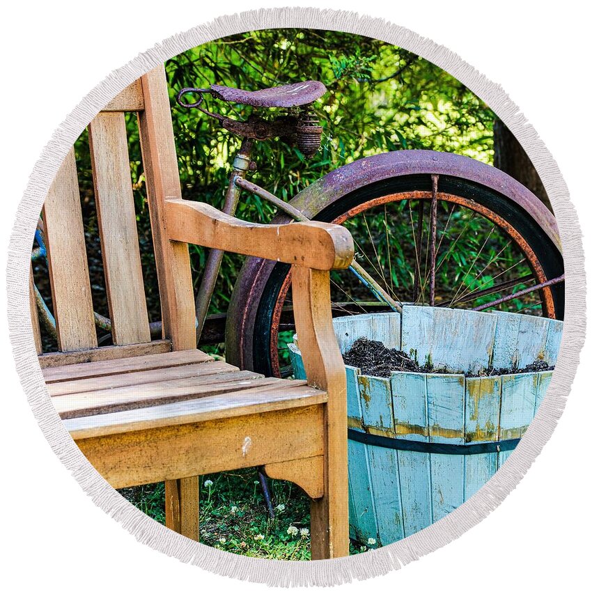 Bicycle Bench Round Beach Towel featuring the photograph Bicycle Bench3 by John Linnemeyer