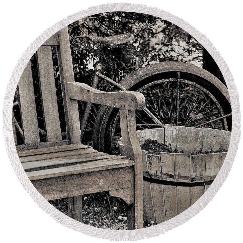 Bicycle Bench B&w Round Beach Towel featuring the photograph Bicycle Bench4 by John Linnemeyer