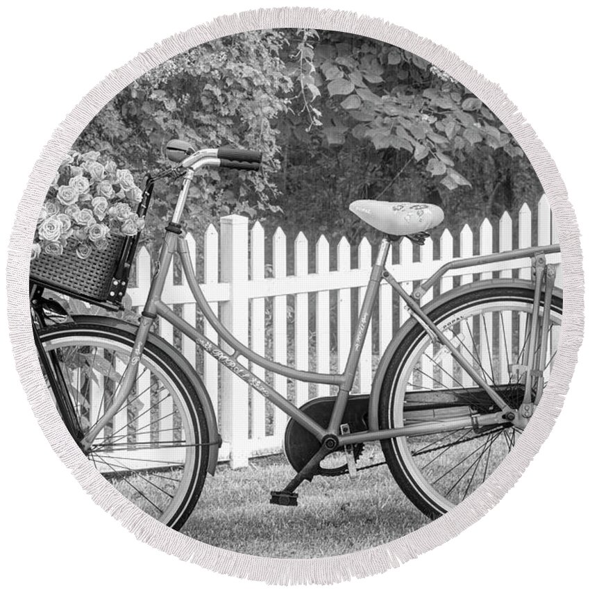 Carolina Round Beach Towel featuring the photograph Bicycle by the Garden Fence II Black and White by Debra and Dave Vanderlaan
