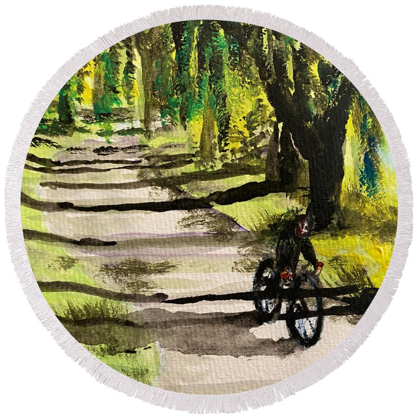 Bicycle Round Beach Towel featuring the painting Bicycle Trail by Larry Whitler