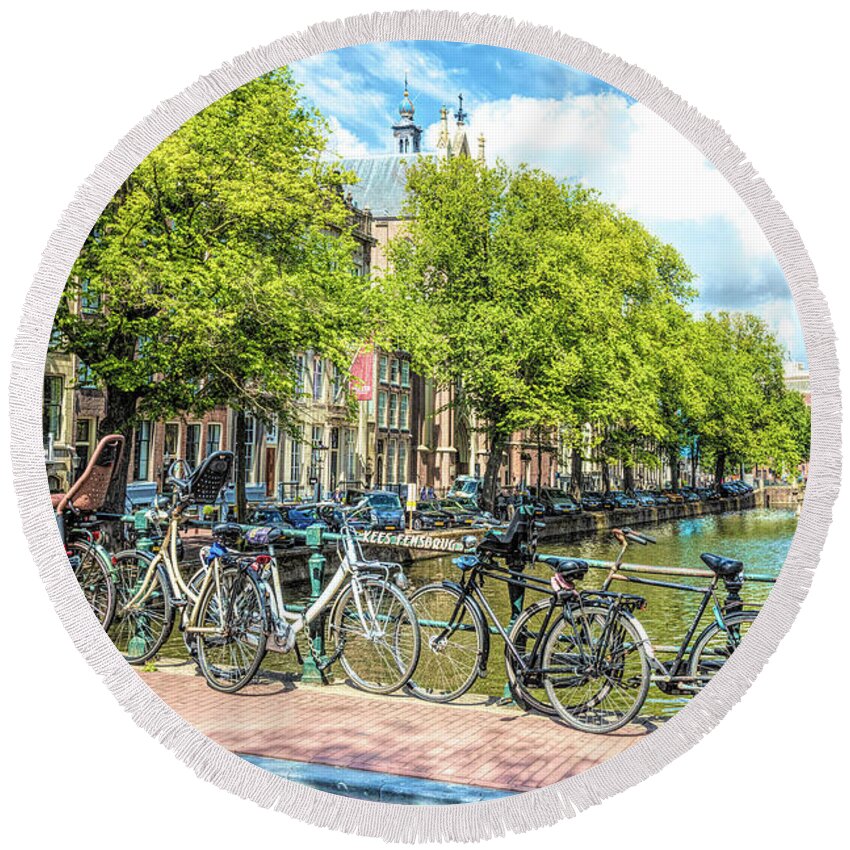 Amsterdam Round Beach Towel featuring the photograph Bicycles Along the Canals by Debra and Dave Vanderlaan