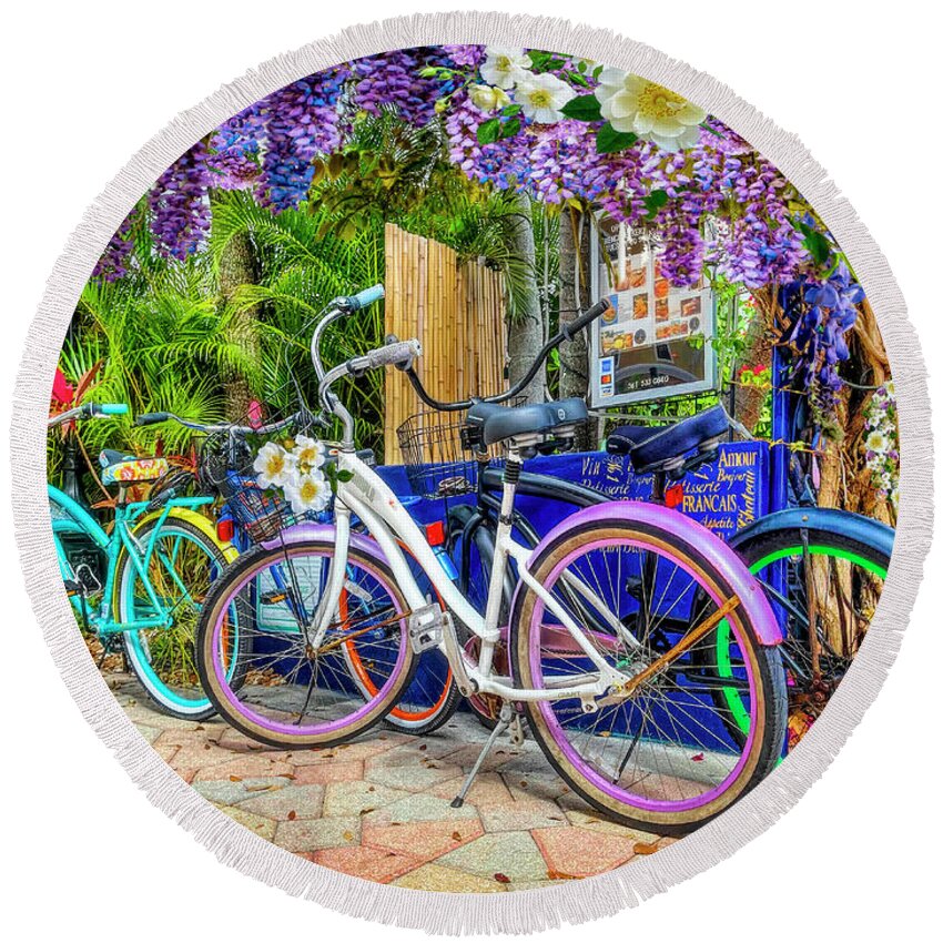 Florida Round Beach Towel featuring the photograph Bicycles at the Bakery Courtyard by Debra and Dave Vanderlaan