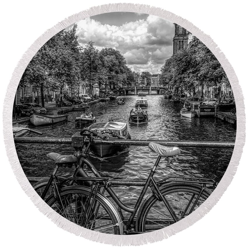 Boats Round Beach Towel featuring the photograph Bicycles on the Canals II in Black and White by Debra and Dave Vanderlaan
