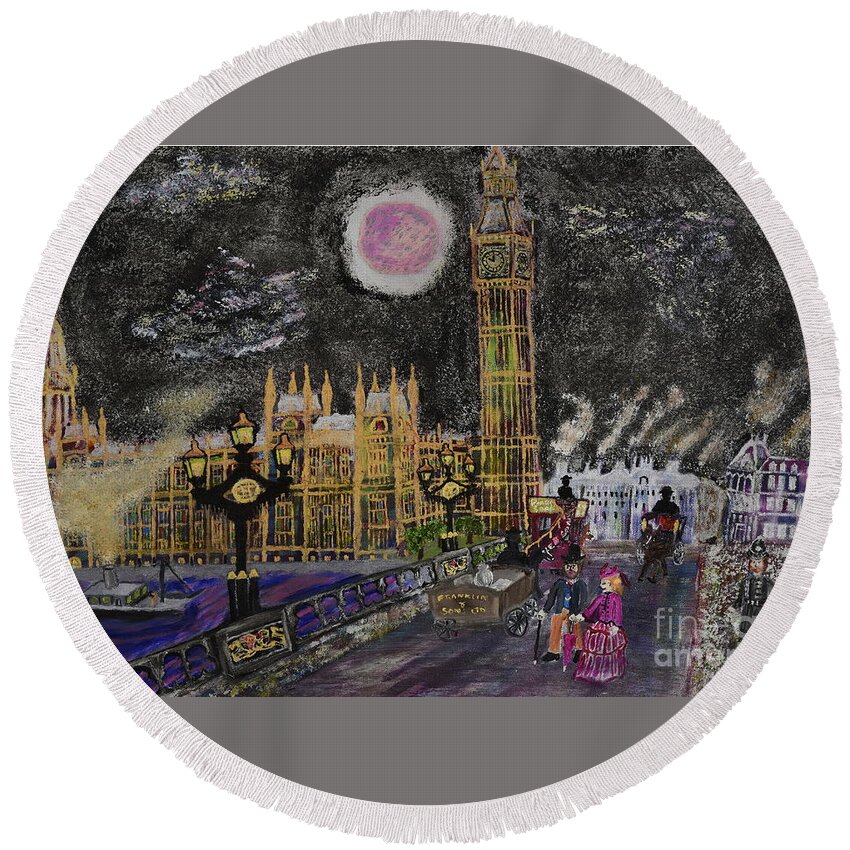 Big Ben Round Beach Towel featuring the painting Big Ben 1885 by David Westwood