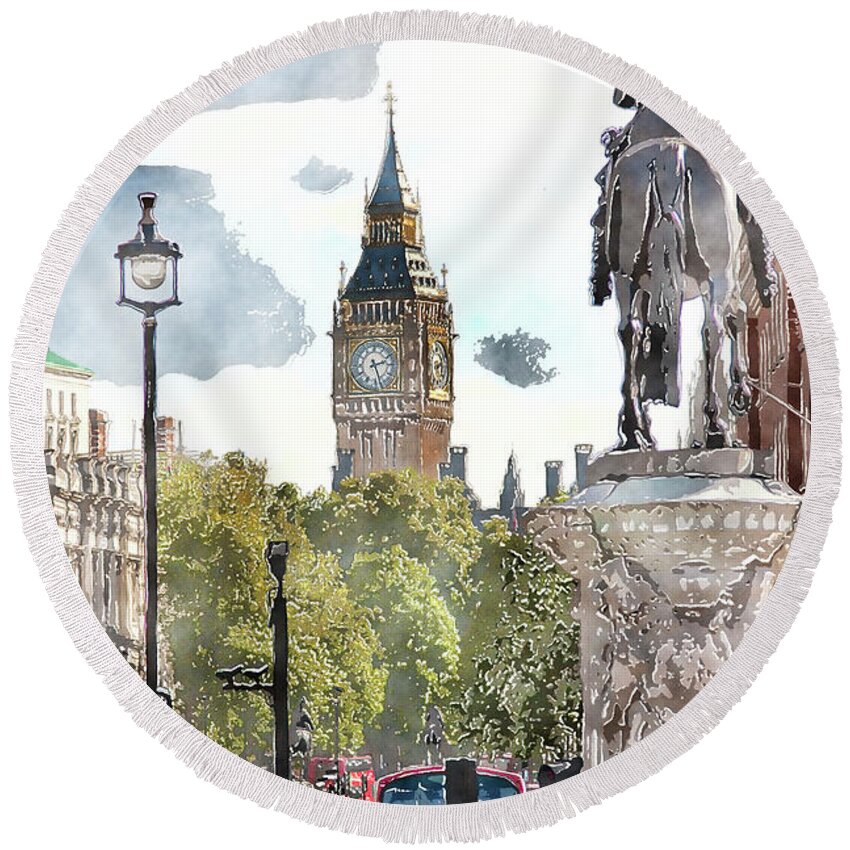 Big Ben Round Beach Towel featuring the digital art Big Ben and King George by SnapHappy Photos